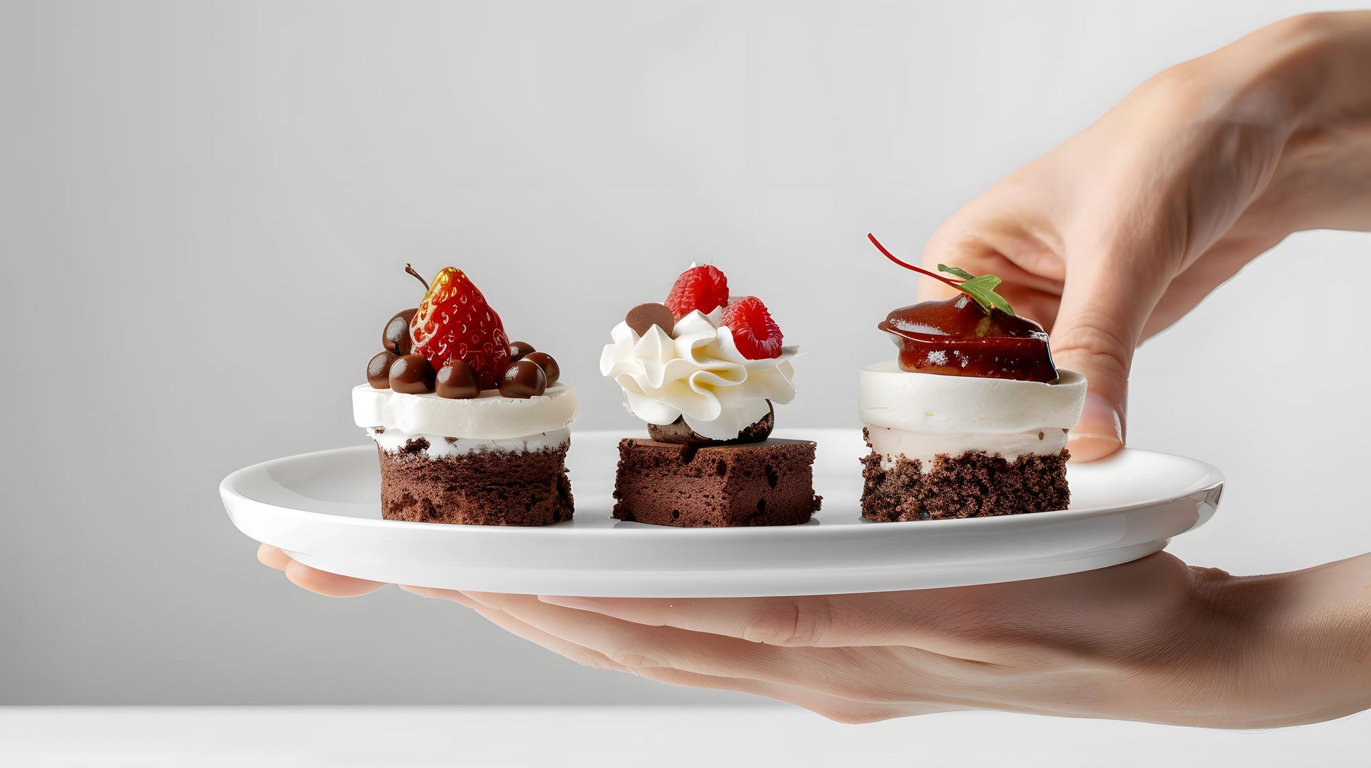 Hands arranging dessert on plate