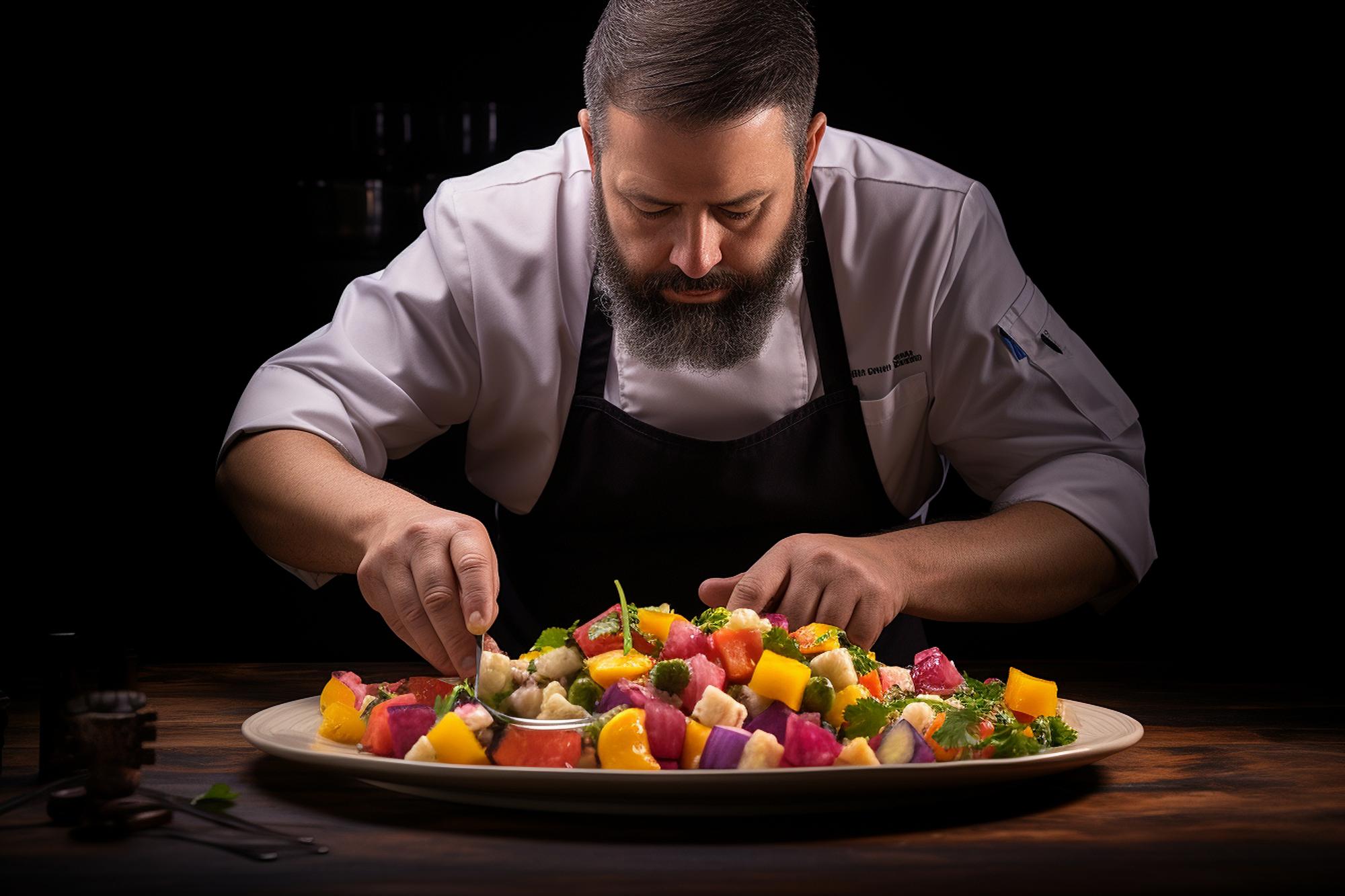 Chef preparing colorful plated dish